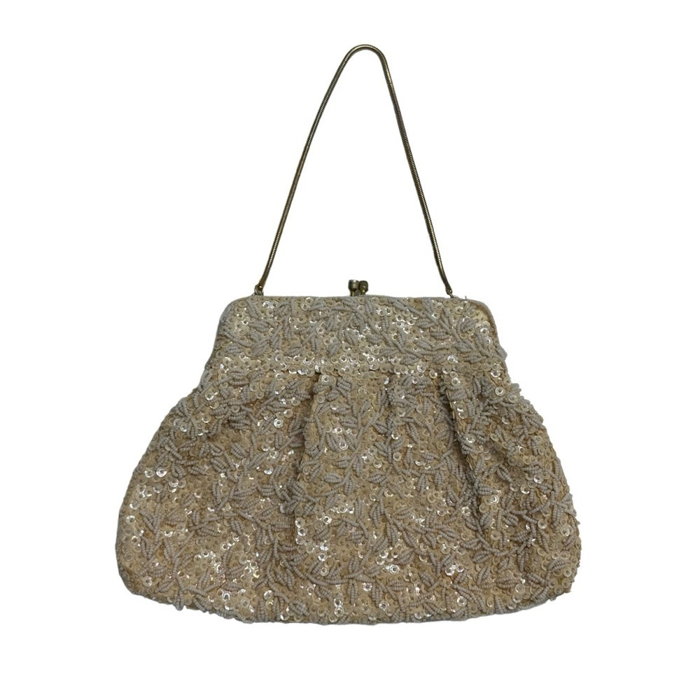 Vintage La Regale Beaded Purse Mini Bag Sequin Cream Glam Evening Formal